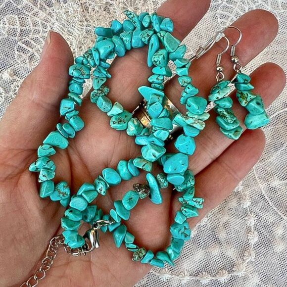 Vintage 80's Hypoallergenic Turquoise Tumbled Stone Necklace & Earring Set - Picture 2 of 10